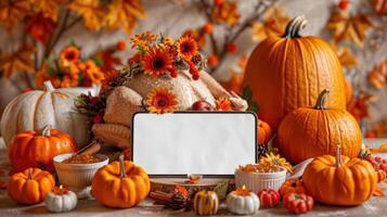 Pumpkins and a roasted turkey sit on a table with a phone displaying a blank screen photo