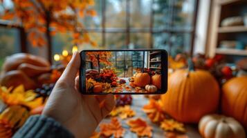 A person captures a fall scene with pumpkins and autumn leaves on a phone photo