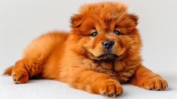 A cute Chow Chow puppy lies on a white surface with its head slightly raised photo