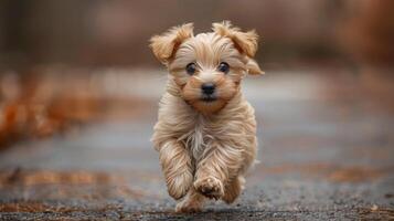 A fluffy, golden puppy runs towards the camera on a path lined with autumn leaves photo