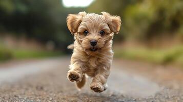 A small, fluffy dog runs towards the camera, tail wagging with joy photo
