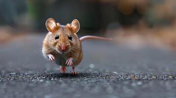 A small mouse runs across a gravel path, its eyes focused on the task at hand photo