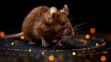 A brown mouse stands on a swirling, glowing surface, its whiskers twitching in curiosity photo