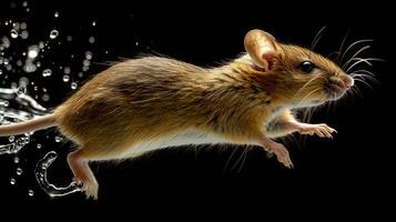 A brown mouse leaps through a spray of water drops photo