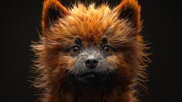 A fluffy red dog stares intently at the camera, its large eyes shining with curiosity photo