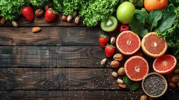 A variety of fresh fruits, greens, and nuts are scattered on a rustic wooden table photo