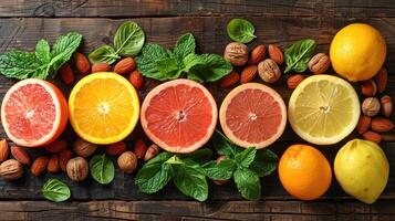 A collection of citrus fruits and fresh mint arranged on a rustic wooden table photo
