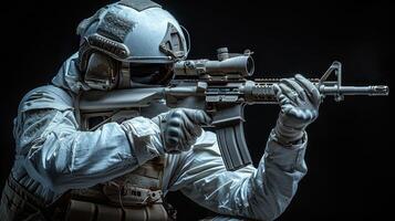 A soldier in a white uniform, helmet, and tactical gear sights down a rifle with a scope photo