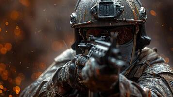 A soldier, focused on the target, holds a rifle with determination photo