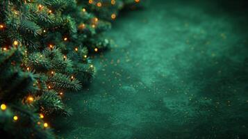 A close-up of an evergreen branch with warm, glowing lights against a deep green backdrop photo