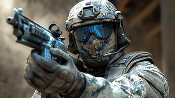 A soldier in full gear aims a weapon during intense training photo