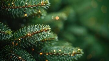 Close-up of a pine tree branch with lights illuminating the needles photo