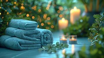 A stack of soft towels and flickering candlelight in a relaxing spa setting photo