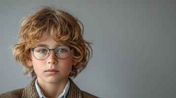 A boy wearing glasses stares thoughtfully into the camera photo