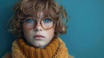 A young boy with curly hair, wearing glasses, looks intensely at the camera photo