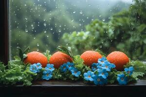 Fresh Oranges with Raindrops and Blue Blooms on a Rainy Window Ledge photo