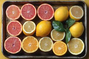 Vibrant Citrus Display Featuring Fresh Lemons, Oranges, and Grapefruit for Culinary and Design Inspiration photo