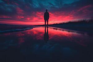 Silhouette of a Person at Sunset on a Beach with Reflective Waters - Tranquil Evening Scene for Meditation and Relaxation photo
