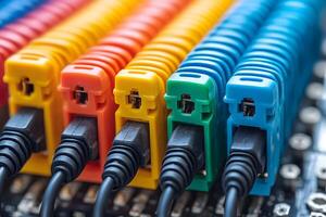 Colorful Network Cables Connected to Router for Data Communication and IT Infrastructure photo