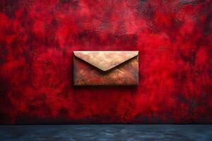 Rustic Envelope on Textured Red Background - Vintage Communication Concept for Design photo