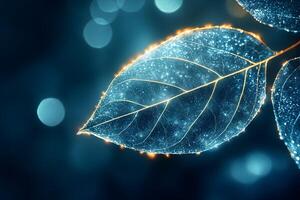 Glowing Nature Illuminated Leaf with Sparkling Bokeh for Artistic Design photo