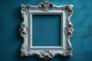 Vintage Baroque Ornate Frame on Textured Teal Wall for Elegant Interior Design photo
