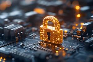 Digital Security Concept with Glowing Lock on Circuit Board for Cybersecurity and Data Protection photo