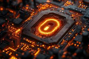 Cybersecurity Concept Glowing Lock on Circuit Board for Digital Safety and Protection Design photo