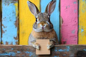 Cute Bunny with Blank Sign Against Colorful Wooden Background for Easter Designs photo
