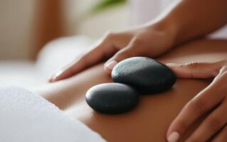 Relaxing spa treatment with hot stones placed on person back, promoting tranquility and wellness. serene atmosphere enhances overall experience of relaxation and rejuvenation photo