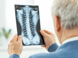 Medical specialist holding X ray, examining spine health with focus and care. image captures importance of diagnostics in healthcare photo