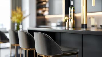 Modern kitchen design with sleek bar stools, elegant decor, and stylish lighting creates sophisticated atmosphere. bold geometric patterns enhance contemporary feel photo