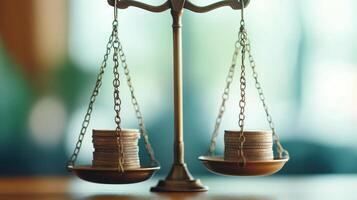 Balance on wooden scale with stacks of coins representing finance and investment. image conveys concept of weighing financial decisions and economic stability photo