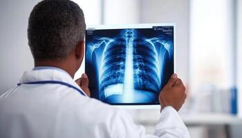 Doctor analyzing X ray image of chest, focusing on lungs and ribs, in bright clinical setting. atmosphere conveys professionalism and care photo