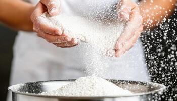 Sifting flour into mixing bowl creates light, airy texture essential for baking. fine particles float gracefully, enhancing cooking experience photo