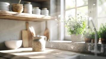 Cozy farmhouse kitchen with rustic wooden cabinet, sunlight streaming through window, and fresh herbs in pots, creating warm and inviting atmosphere photo