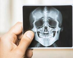 Healthcare worker reviewing X ray image of skull, showcasing detailed bone structure and dental alignment, emphasizing importance of radiology in medical diagnostics photo