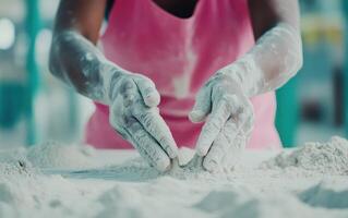 Hands shaping dough with flour, wearing gloves, focused on baking photo