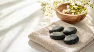 Warm stones arranged on soft towel, accompanied by wooden bowl of flowers, create serene spa atmosphere. Perfect for relaxation and wellness photo