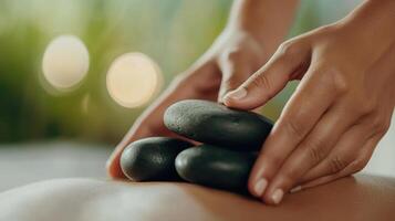Relaxing spa treatment featuring close up of back massage with smooth stones. soothing atmosphere enhances experience, promoting tranquility and wellness photo