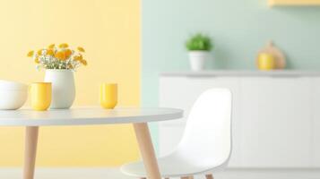 Bright and airy open plan kitchen and dining area featuring white table, yellow cups, and vase of flowers. pastel walls create cheerful atmosphere photo