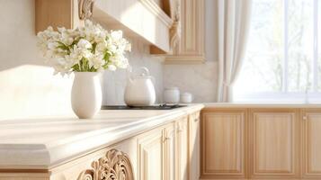 Elegant traditional kitchen featuring classic wood cabinetry and vase of white flowers. warm tones and natural light create serene atmosphere, perfect for cooking and gathering photo