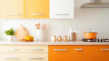 Cozy small kitchen design with colorful cabinets, featuring orange and yellow hues, wooden utensils, and fresh herbs, creating warm and inviting atmosphere photo