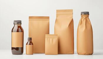Minimalist reusable packaging concept with clean design and various sizes. This collection features eco friendly containers, emphasizing sustainability and simplicity photo