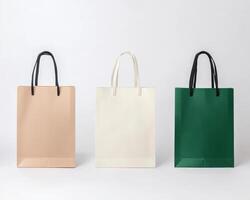 Recyclable shopping bags in soft shadows, showcasing eco friendly design. Perfect for sustainable shopping and stylish carrying options photo