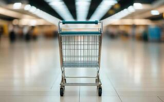 shopping cart stands alone in airport retail area, symbolizing travel and convenience. blurred background enhances focus on cart, evoking sense of anticipation photo