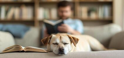 relaxed dog sleeping on couch with book nearby, while man reads in background, creating cozy atmosphere photo