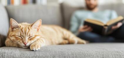 relaxed orange cat sleeping on gray sofa while man reads book in background, creating cozy and peaceful atmosphere photo