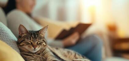 relaxed cat sleeping on couch while person reads nearby, creating cozy atmosphere photo