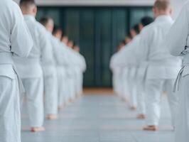 Practitioners in white uniforms preparing for training in dojo, showcasing discipline and focus. atmosphere is calm and respectful, emphasizing importance of tradition photo